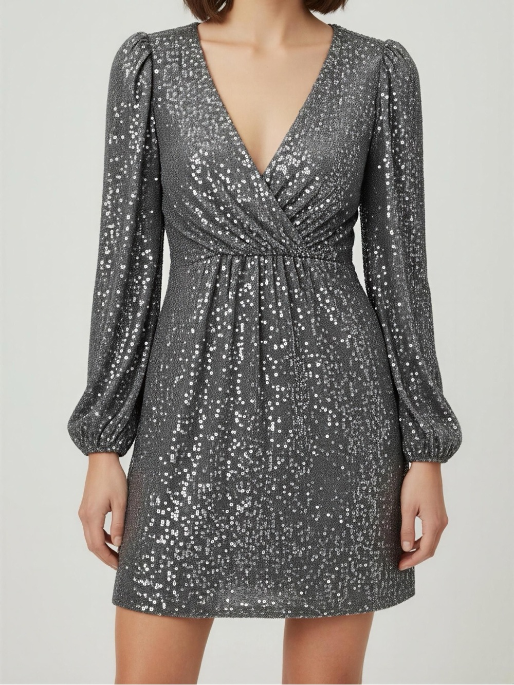 Alex Marie Becca Silver Sequin Long Sleeve V-Neck Dress